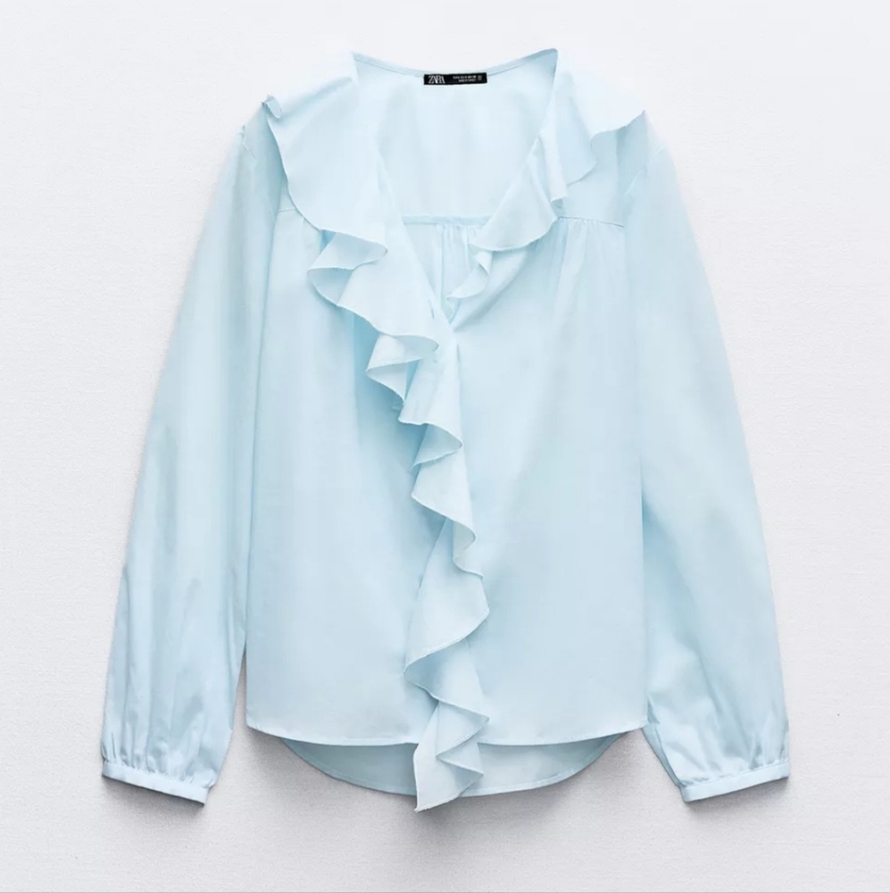 Zara Blue Ruffled Bib Collar Blouse